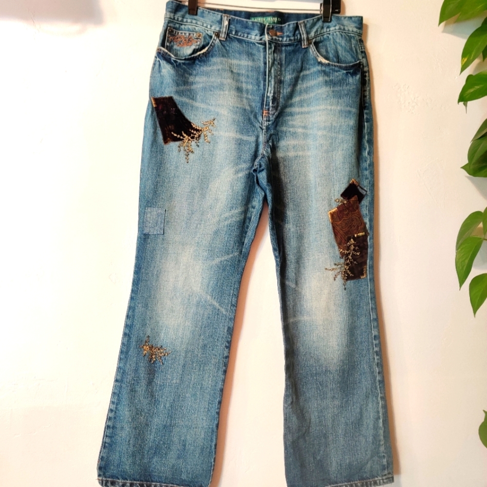 Ralph Lauren Distressed Light Blue Patchwork Jeans